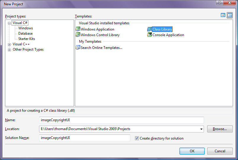 Screenshot of New Project dialog box with Class Library selected and image Copyright U I entered in the Name filed as the name of the project.