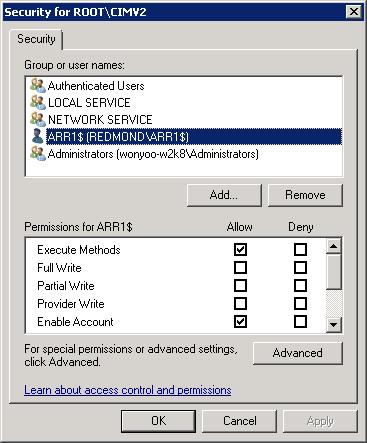 Capture d’écran de la boîte de dialogue Sécurité pour ROOT\C I M V2 avec le groupe R R A est mis en surbrillance.