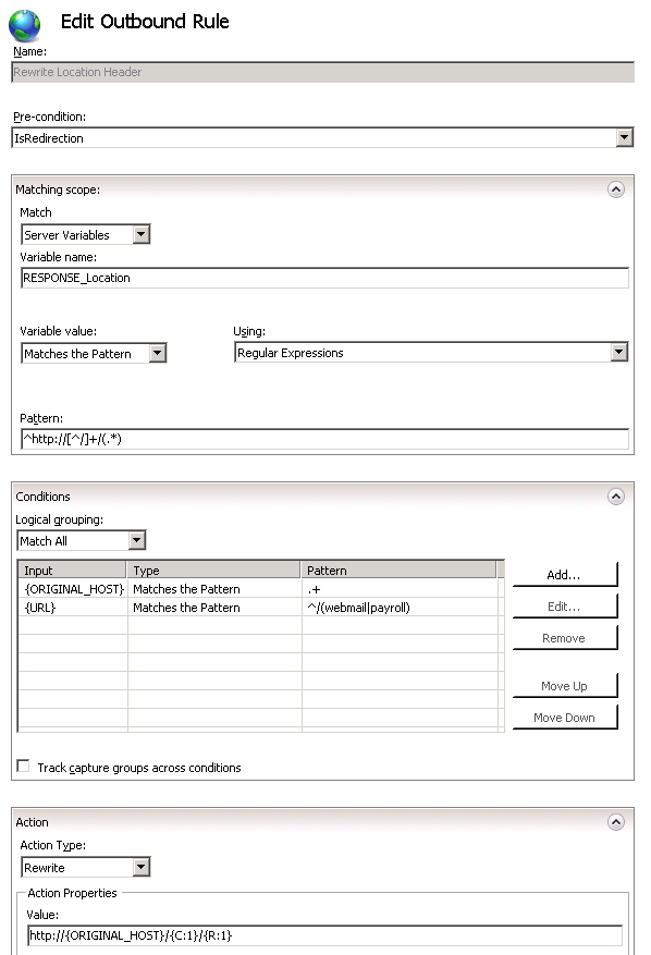 Screenshot of the Edit Outbound Rule pane with ORIGINAL HOST and U R L set as condition input.