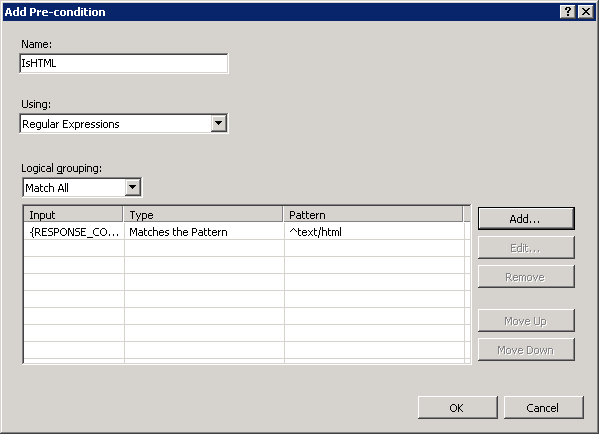 Capture d’écran de la boîte de dialogue Ajouter un éditeur de pré-condition avec les paramètres.