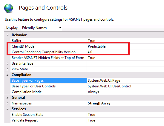 Screenshot of the Pages and Controls page. The Client I D Mode and Control Rendering Compatibility Version Behaviors are highlighted.