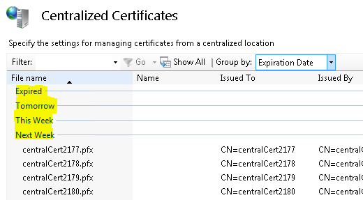 Capture d’écran de la boîte de dialogue Certificats centralisés. Dans la colonne Nom de fichier, Expiré, Demain, cette semaine, la semaine prochaine est mise en surbrillance.