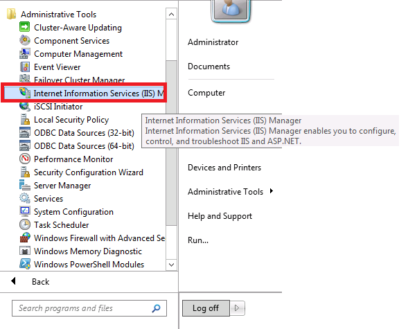 Capture d’écran du menu Outils Administration istrative développé avec Internet Information Services I S Manager mis en évidence.