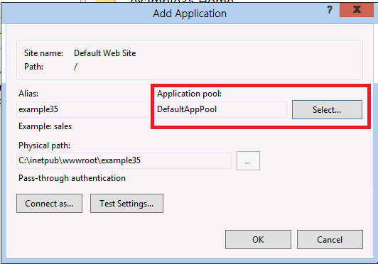 Capture d’écran de la boîte de dialogue Ajouter une application avec le pool d’applications et le pool d’applications par défaut affichés en regard du bouton Sélectionner mis en surbrillance.