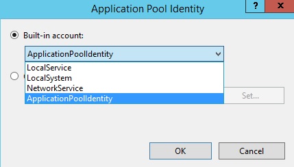 Capture d’écran de la boîte de dialogue Identité du pool d’applications avec l’option Identité du pool d’applications mise en surbrillance.