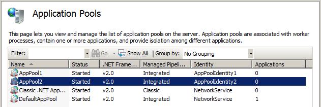 Capture d’écran des pools d’applications montrant les identités modifiées pour les pools d’applications.