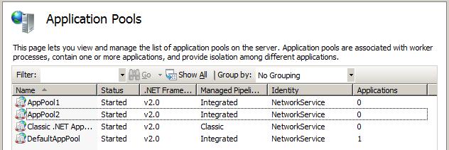 Capture d’écran de l’écran Pools d’applications montrant la liste des pools d’applications sur le serveur.