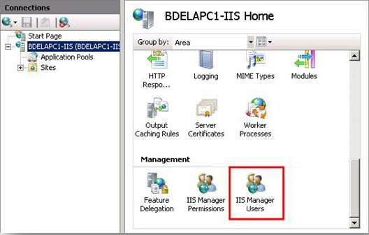 Capture d’écran de la page d’accueil du serveur B D E L A P C un tiret I I S serveur. Dans le volet Connexions, le nœud serveur B D E L A P C un tiret I I S est mis en surbrillance. L’icône I S Manager Users est mise en surbrillance.