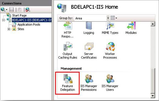 Capture d’écran du volet Connexions dans la page d’accueil du serveur montrant l’icône B D E L A P 1 dash I I S home selected and Feature Delegation icon en surbrillance.