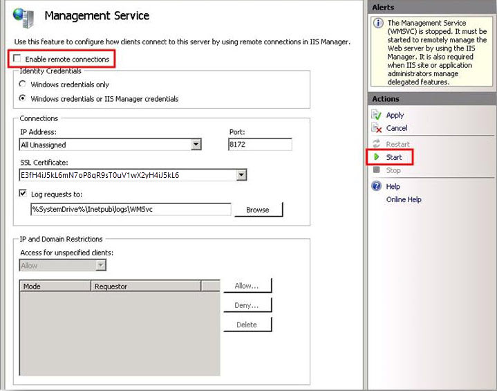 Capture d’écran de la page des fonctionnalités du service de gestion. L’option Activer les connexions distantes est mise en surbrillance. Dans le volet Actions, l’option Démarrer est mise en surbrillance.