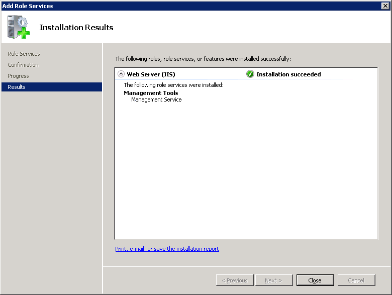 Capture d’écran de l’écran Résultats de l’installation avec un focus sur l’option Fermer.