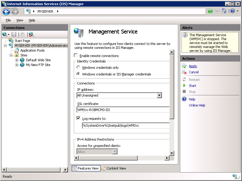 Capture d’écran de l’écran Service de gestion avec un focus sur l’option Appliquer dans le volet Actions.