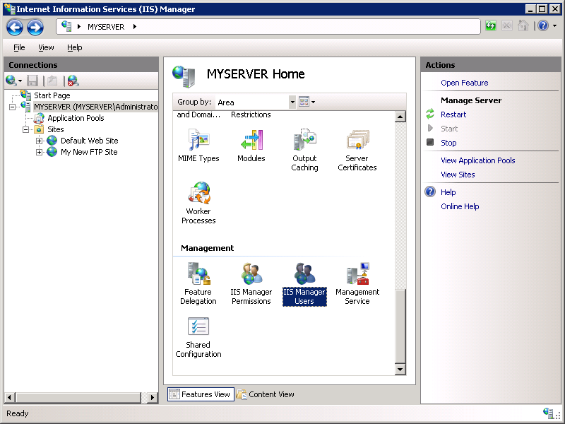 Capture d’écran de la page web MYSERVER Home avec un focus sur l’option I S Manager Users.