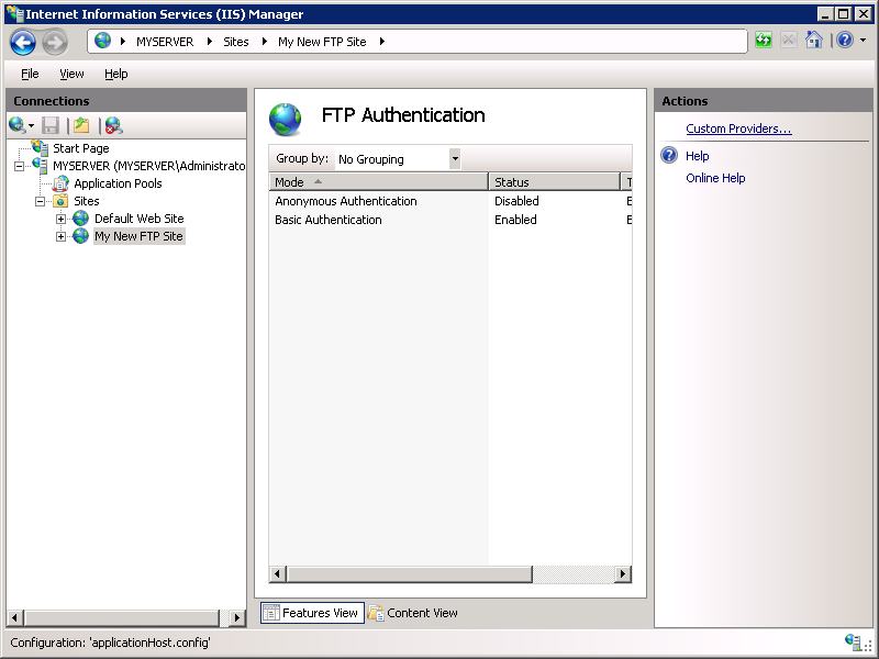 Capture d’écran de la page Authentification F T P avec un focus sur l’option Fournisseurs personnalisés dans le volet Actions.