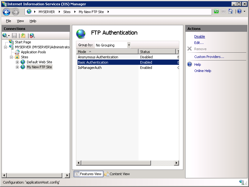 Capture d’écran de la page Authentification F T P montrant les options d’authentification de base et d’authentification I S S Manager, avec un focus sur l’option Désactiver dans le volet Actions.