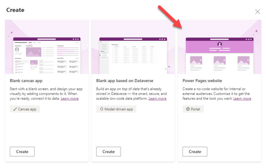 Capture d’écran montrant l’option de site web Power Pages.