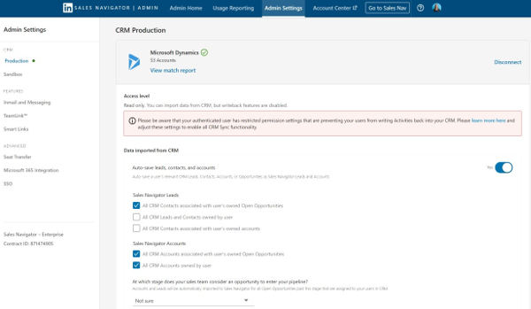 Options de configuration pour le partage de données entre LinkedIn Sales Navigator et votre environnement Levée de fonds et engagement.