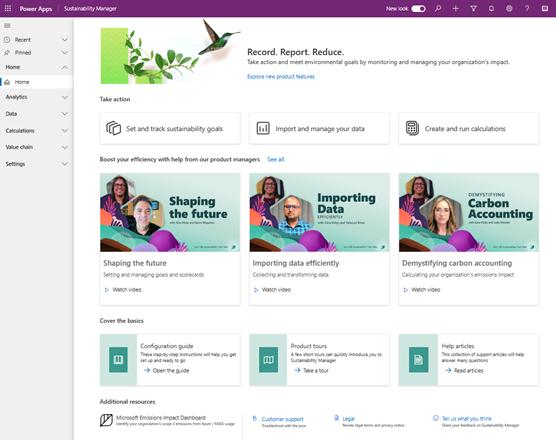 Capture d’écran montrant la nouvelle page d’accueil de Microsoft Sustainability Manager.