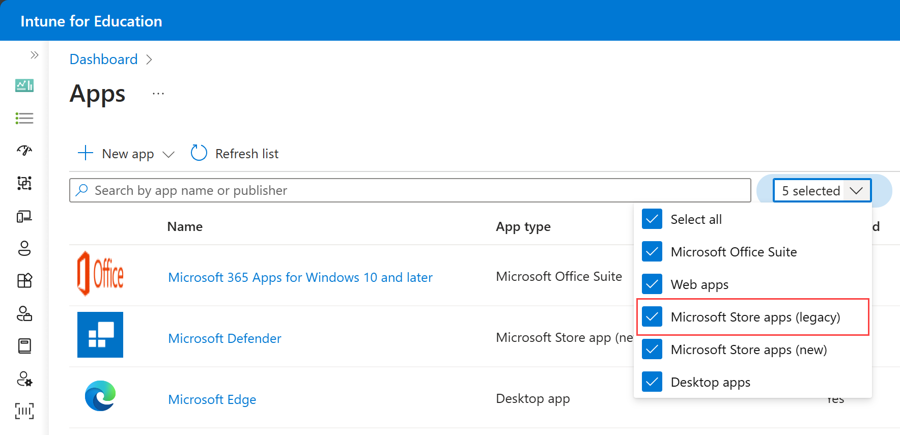 Capture d’écran de la liste des applications, mettant en évidence l’option Applications du Microsoft Store (héritées) dans le menu déroulant filtre.