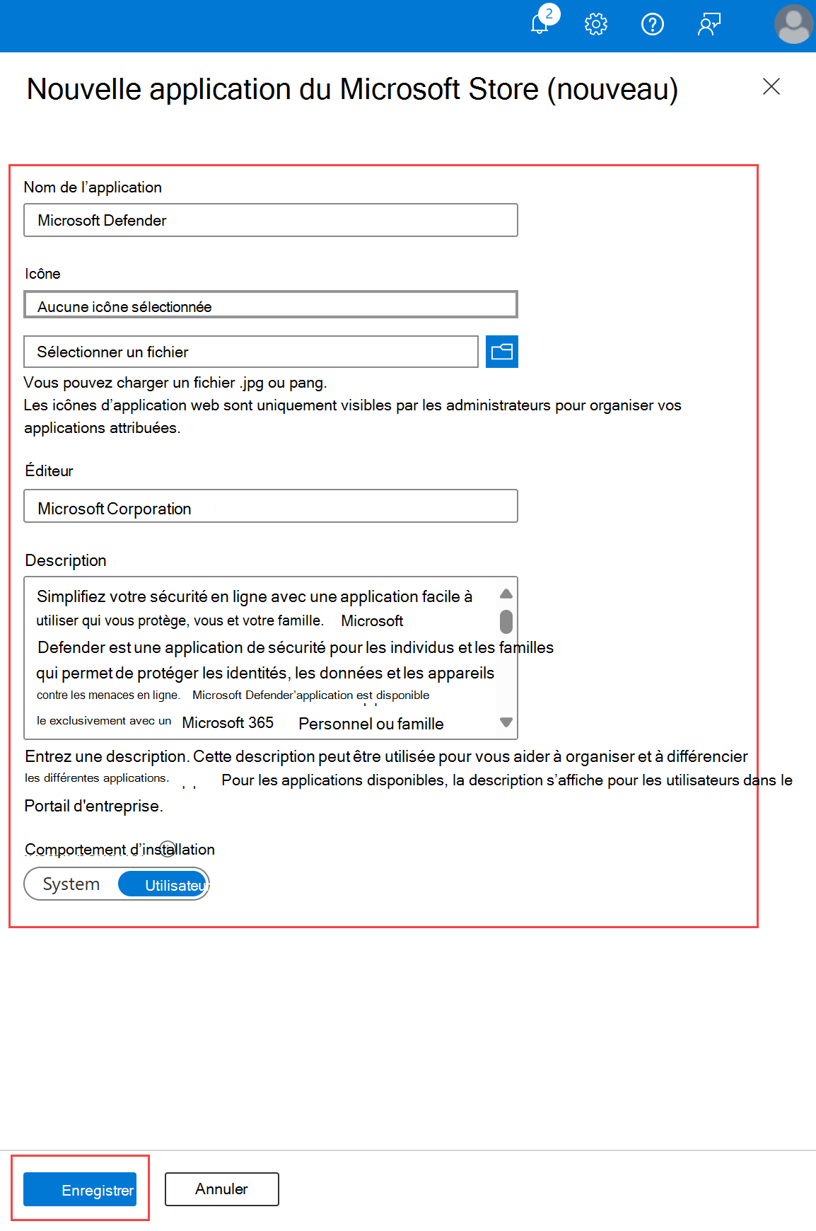 Capture d’écran mettant en évidence la nouvelle fenêtre d’application, les paramètres disponibles à configurer et le bouton Enregistrer.