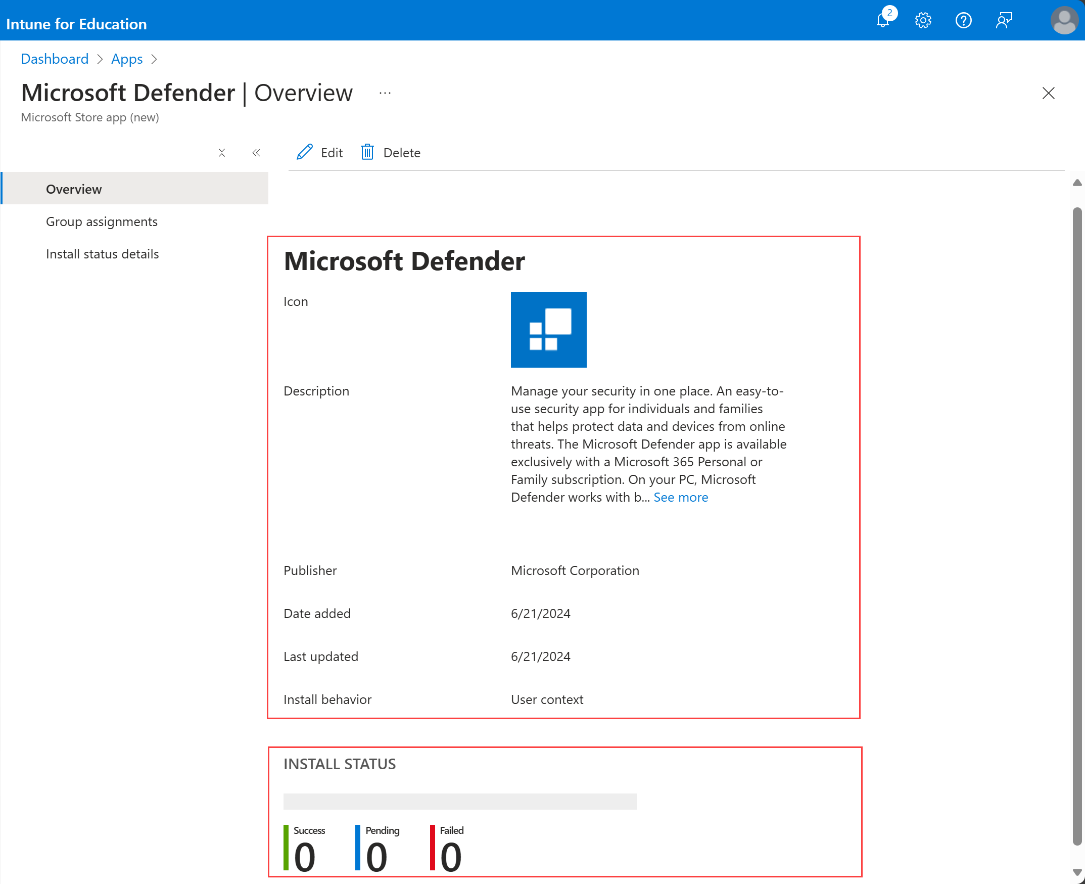 Capture d’écran de la page Vue d’ensemble mettant en évidence les propriétés et les status d’installation d’une application.