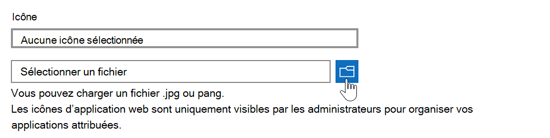 Capture d’écran de l’ajout d’un workflow d’application web mettant en surbrillance les champs de chargement d’icône et de fichier.