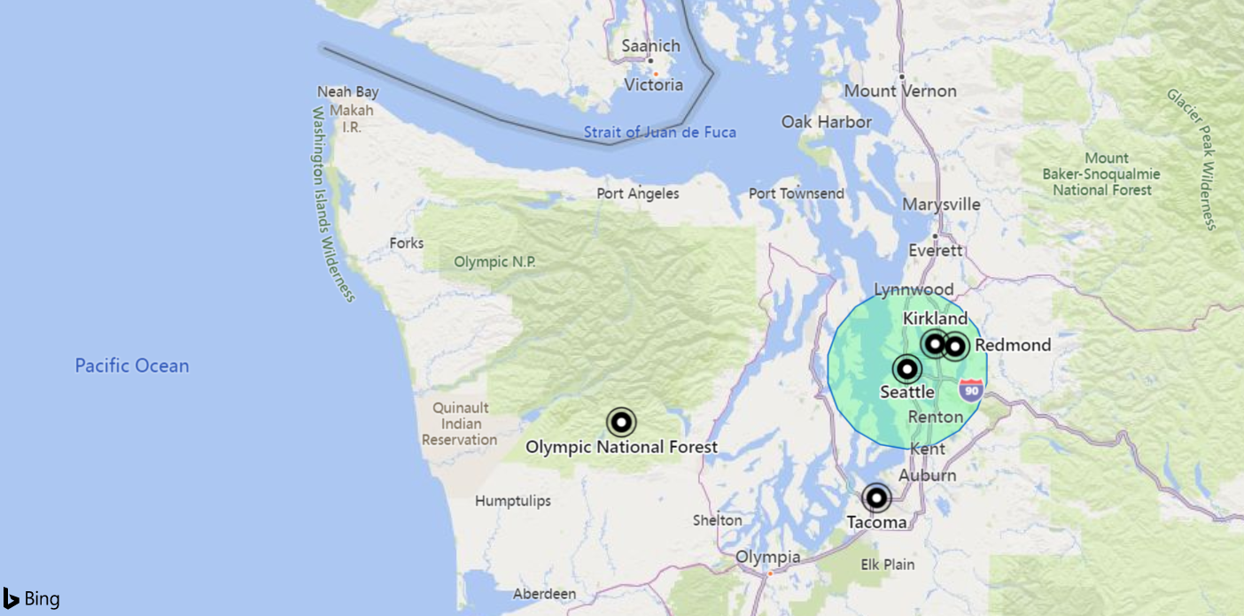 Capture d’écran d’une carte avec des emplacements situés à moins de 18 km de Seattle.