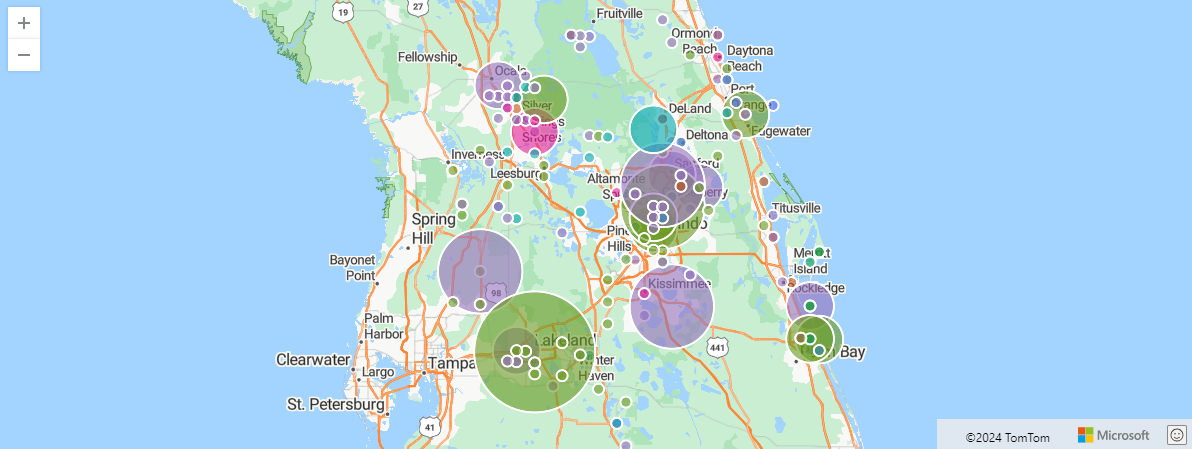 Capture d’écran des événements storm à Orlando rendus avec des points de graphique en secteurs sur une carte.