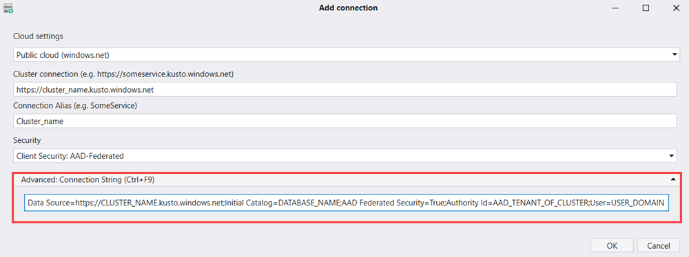 Capture d’écran du volet Ajouter une connexion montrant l’option intitulée Chaîne de connexion avancée.