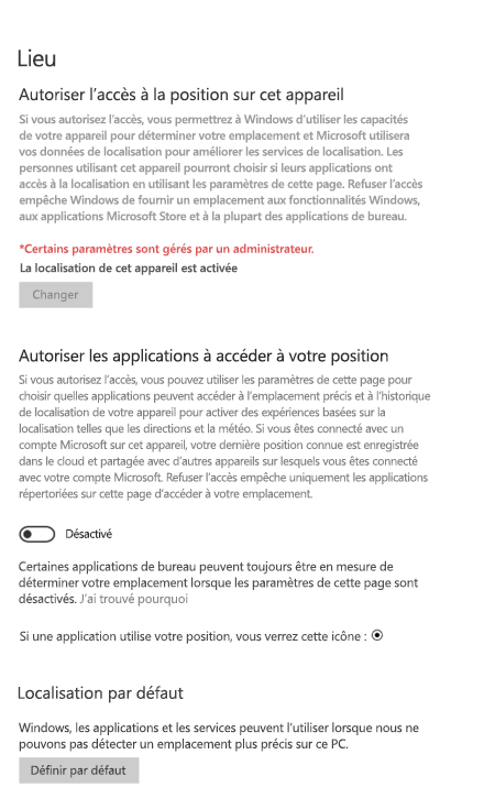 Paramètres de localisation dans les paramètres Windows.