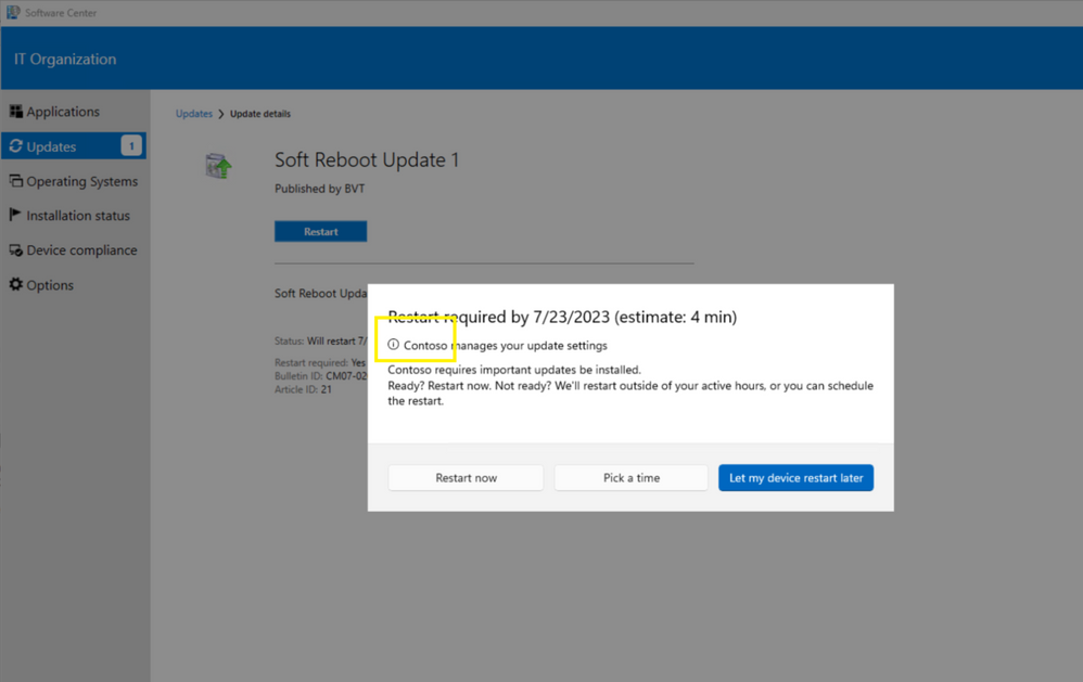 Capture d’écran de la notification Toast de windows natives en attente de redémarrage.