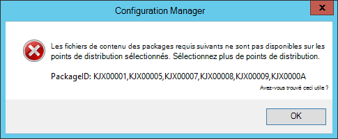 Message d’erreur pendant l’Assistant Média de séquence de tâches lorsque le contenu n’est pas disponible sur les points de distribution qui répertorie les ID de package manquants.