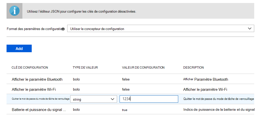 Capture d’écran des paramètres de configuration ajoutés