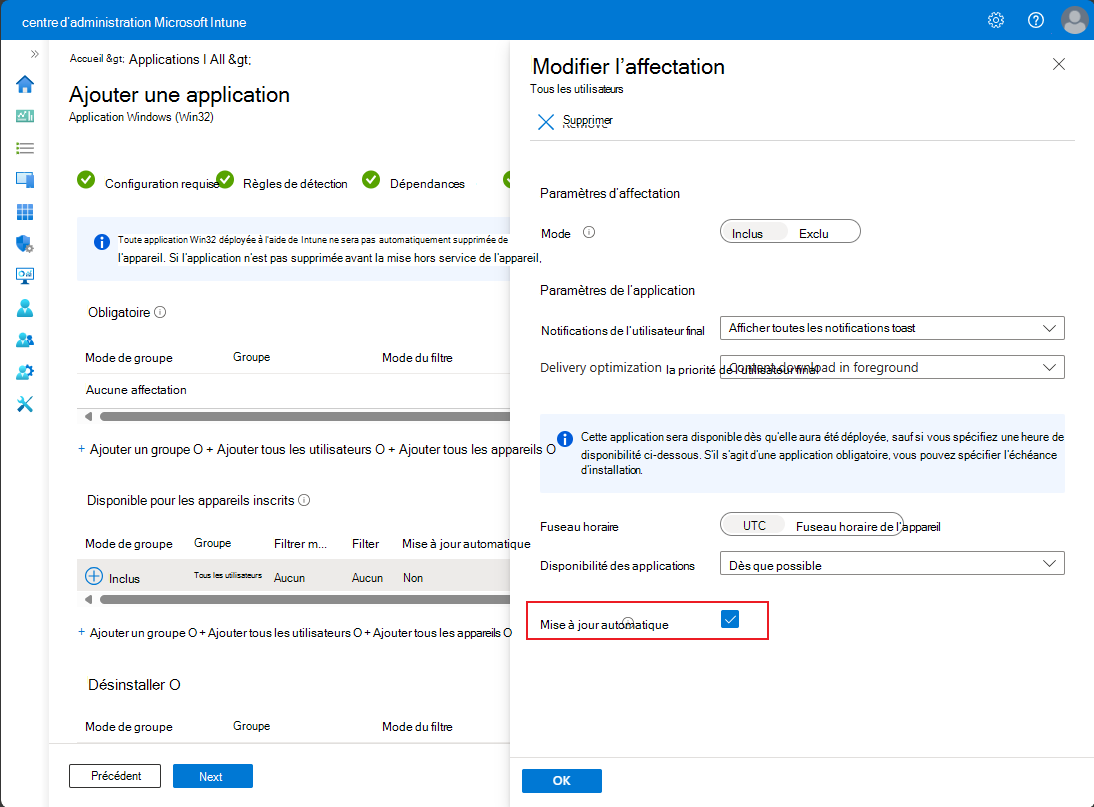 Capture d’écran du volet Modifier l’affectation lors de la définition de la mise à jour automatique