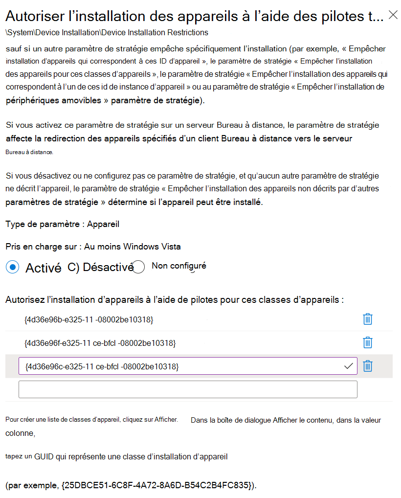 Capture d’écran montrant comment utiliser Microsoft Intune pour définir le paramètre Autoriser l’installation d’appareils à l’aide de pilotes qui correspondent à ces classes de configuration d’appareil avec vos GUID de classe.