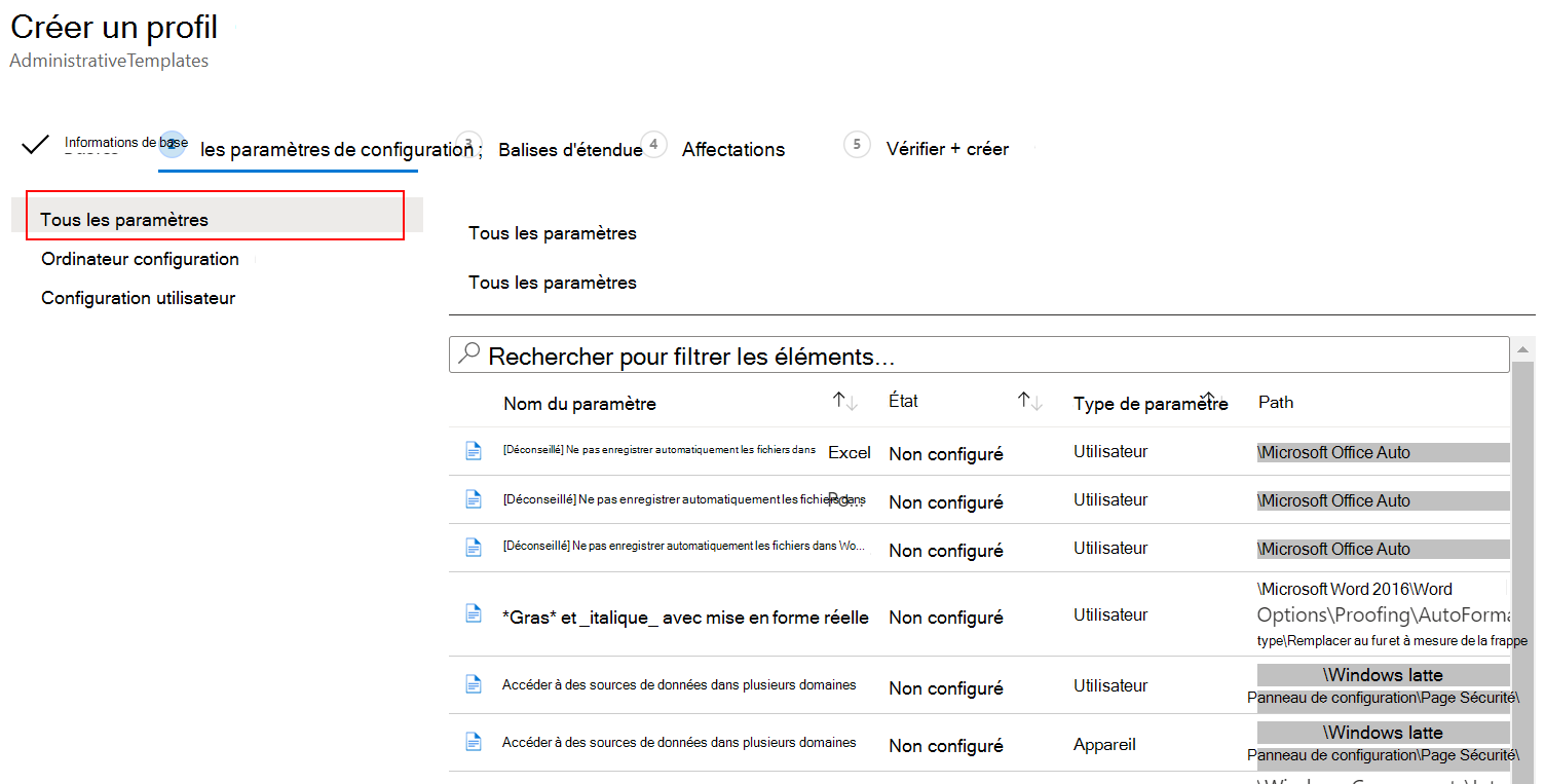 Capture d’écran montrant comment sélectionner Tous les paramètres à l’aide de la stratégie de modèle ADMX dans Microsoft Intune.