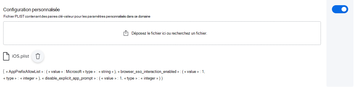 Screenshot that shows a sample custom configuration with a PLIST file for Jamf Pro.