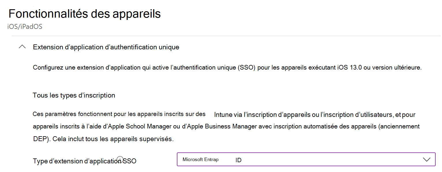 Screenshot that shows the SSO app extension type and Microsoft Entra ID for iOS/iPadOS in Intune.