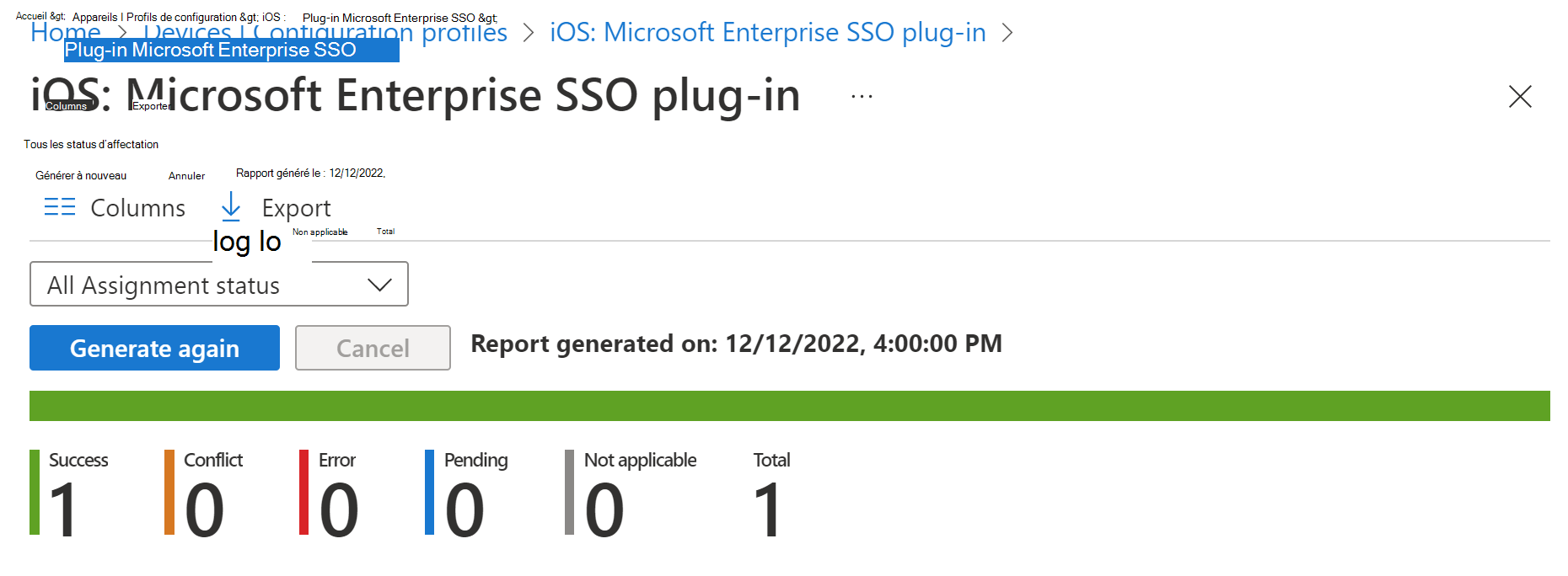 Screenshot that shows the iOS/iPadOS device configuration profile deployment report in Intune.