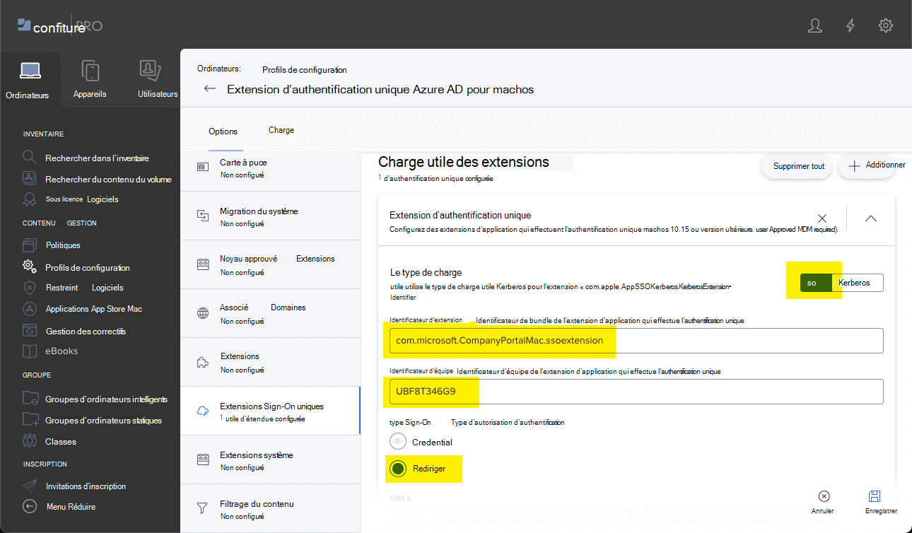 Capture d’écran montrant le portail Jamf Pro et le type de charge utile, l’identificateur d’extension, l’identificateur d’équipe et les paramètres de type d’authentification unique pour les appareils macOS.