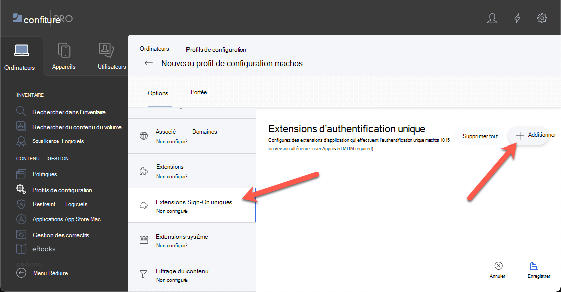 Capture d’écran montrant le portail Jamf Pro. Sélectionnez l’option d’authentification unique des profils de configuration, puis sélectionnez Ajouter pour les appareils macOS.