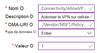 Capture d’écran montrant un exemple de stratégie personnalisée contenant des paramètres VPN dans Microsoft Intune.