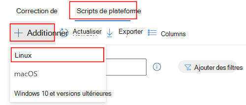 Capture d’écran montrant comment sélectionner des appareils, des scripts, ajouter et sélectionner Linux dans la liste déroulante pour ajouter un script Bash personnalisé dans Microsoft Intune.