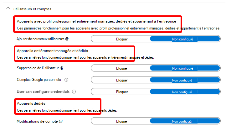 Capture d’écran montrant les en-têtes de paramètre Utilisateurs et comptes Android Enterprise et les types d’inscription auxquels ils s’appliquent dans Microsoft Intune.