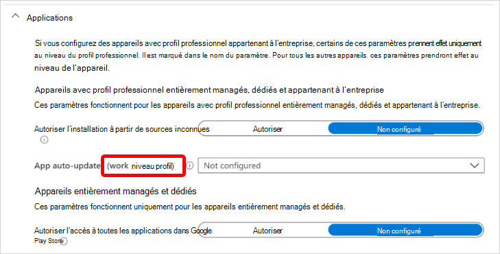 Capture d’écran montrant les paramètres de l’application Android Entreprise qui s’appliquent au niveau du profil professionnel appartenant à l’entreprise dans Microsoft Intune.