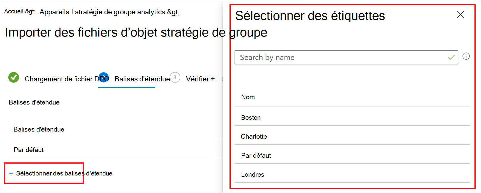 Screenshot that shows how to import a group policy object (GPO) and select a scope tag in Microsoft Intune and Intune admin center.