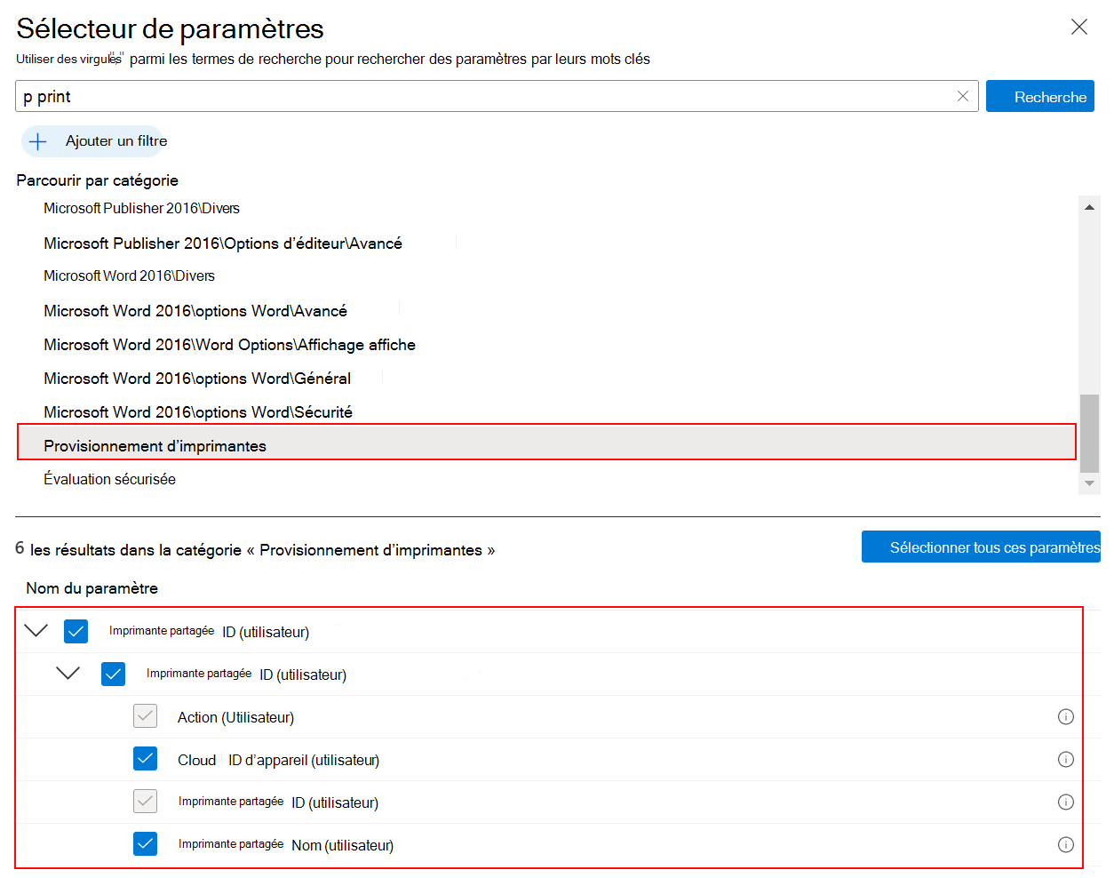 Screenshot that shows how to select printer provisioning in the settings catalog to create a universal print policy in Microsoft Intune and Intune admin center.