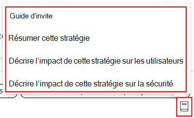 Screenshot that shows the Copilot policy prompt guide and a list of the available prompts in the settings catalog in Microsoft Intune and Intune admin center.