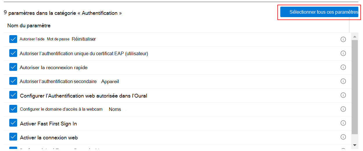 Capture d’écran montrant les paramètres lorsque vous sélectionnez tous ces paramètres dans Microsoft Intune et Intune centre d’administration.