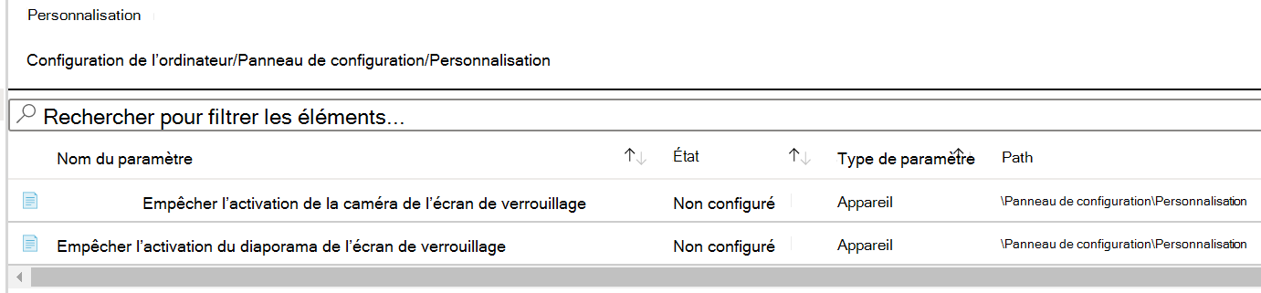 Screenshot that shows the personalization policy setting path in Microsoft Intune.